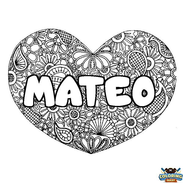 Coloring page first name MATEO - Heart mandala background