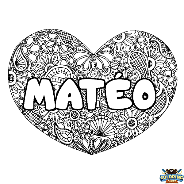 Coloring page first name MAT&Eacute;O - Heart mandala background