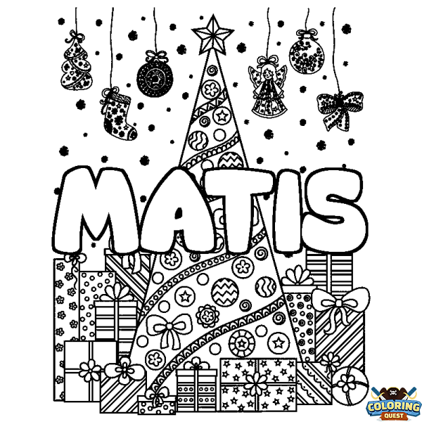 Coloring page first name MATIS - Christmas tree and presents background