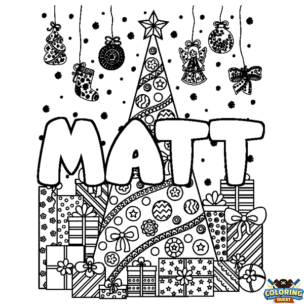 Coloring page first name MATT - Christmas tree and presents background