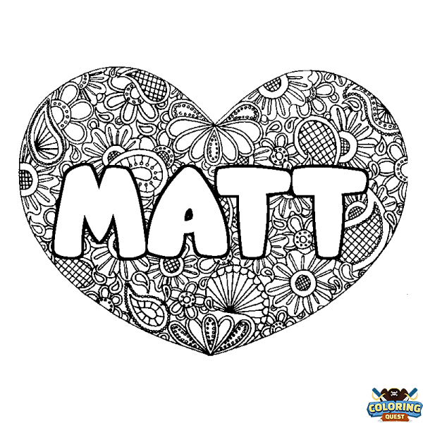 Coloring page first name MATT - Heart mandala background