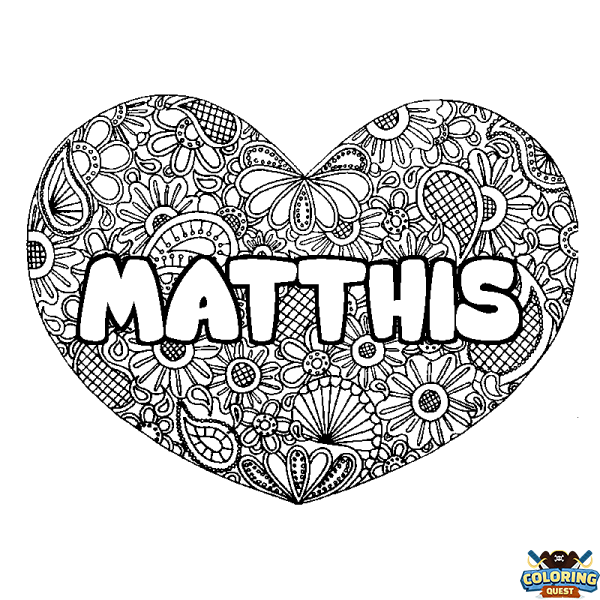 Coloring page first name MATTHIS - Heart mandala background