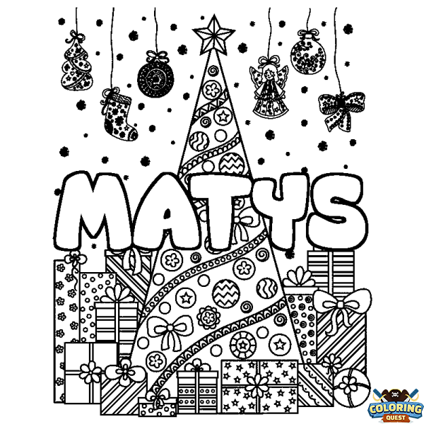 Coloring page first name MATYS - Christmas tree and presents background