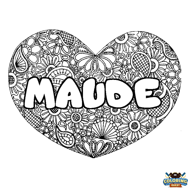 Coloring page first name MAUDE - Heart mandala background