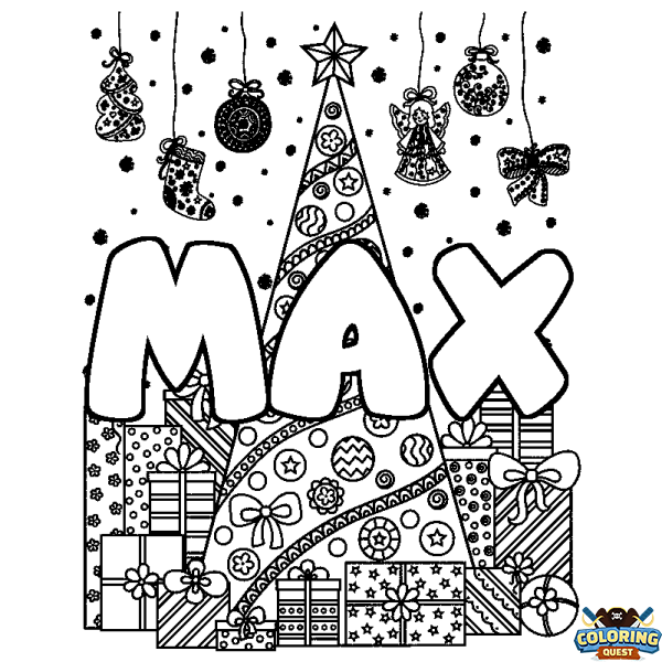 Coloring page first name MAX - Christmas tree and presents background