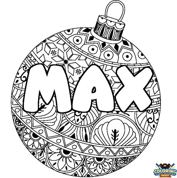 Coloring page first name MAX - Christmas tree bulb background