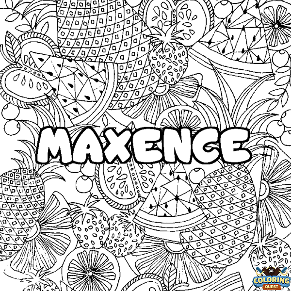 Coloring page first name MAXENCE - Fruits mandala background