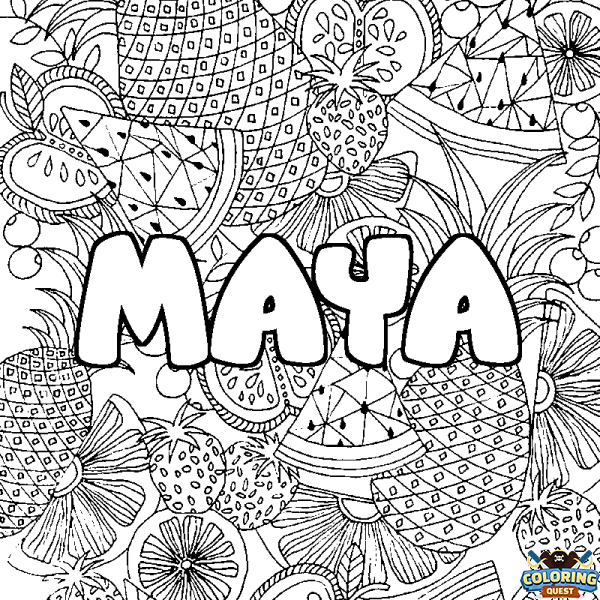 Coloring page first name MAYA - Fruits mandala background