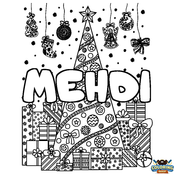 Coloring page first name MEHDI - Christmas tree and presents background