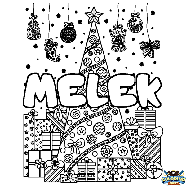 Coloring page first name MELEK - Christmas tree and presents background