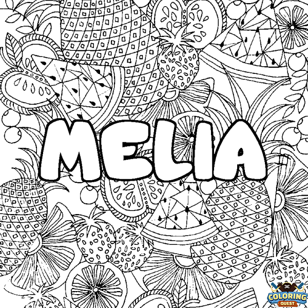 Coloring page first name MELIA - Fruits mandala background