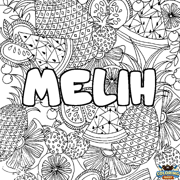 Coloring page first name MELIH - Fruits mandala background