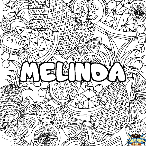 Coloring page first name MELINDA - Fruits mandala background