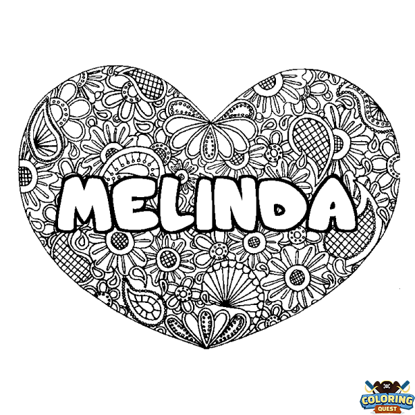 Coloring page first name MELINDA - Heart mandala background