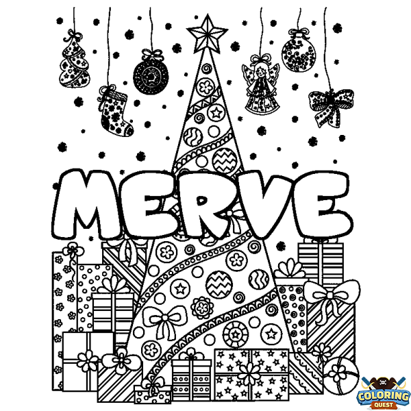 Coloring page first name MERVE - Christmas tree and presents background