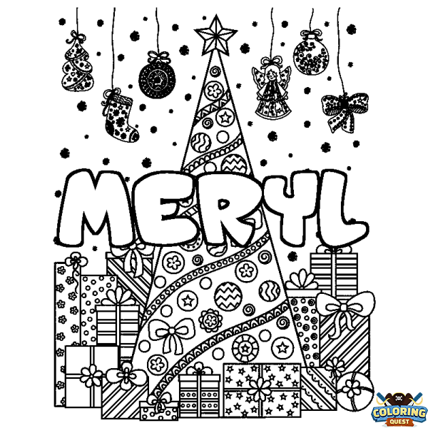 Coloring page first name MERYL - Christmas tree and presents background