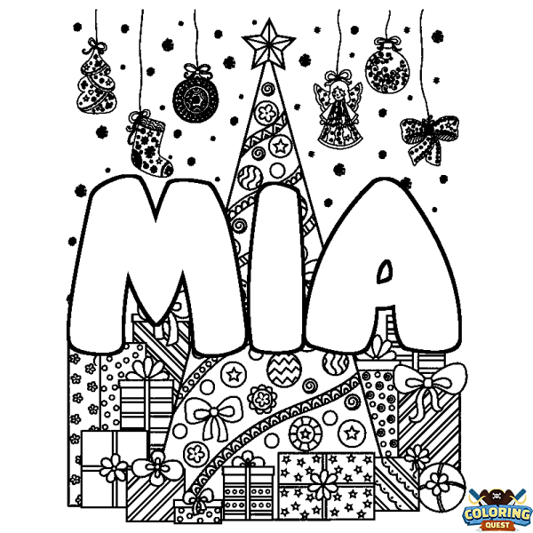 Coloring page first name MIA - Christmas tree and presents background