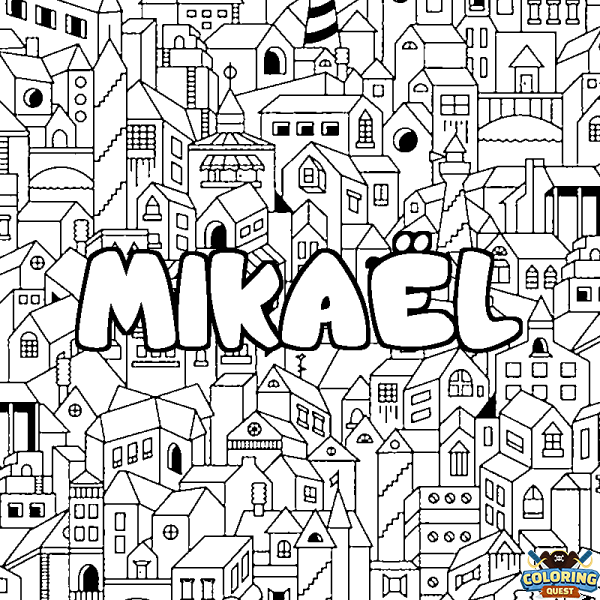 Coloring page first name MIKA&Euml;L - City background