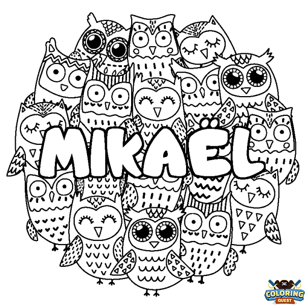 Coloring page first name MIKA&Euml;L - Owls background