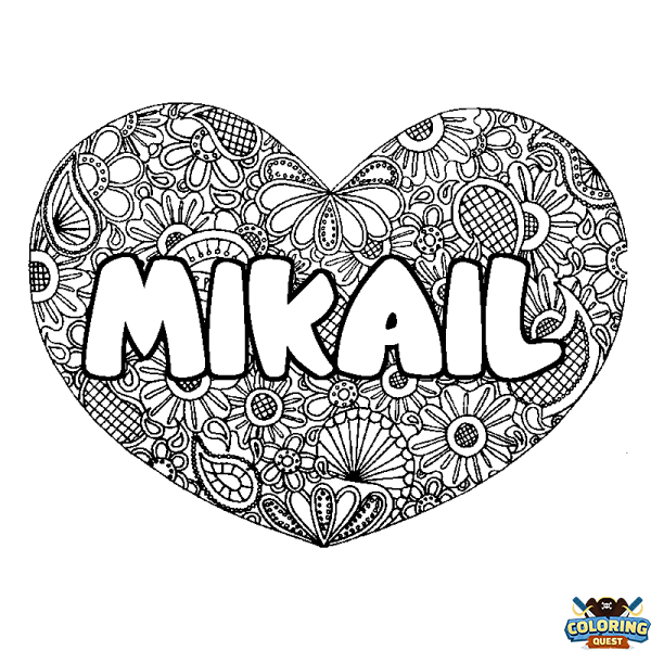 Coloring page first name MIKAIL - Heart mandala background