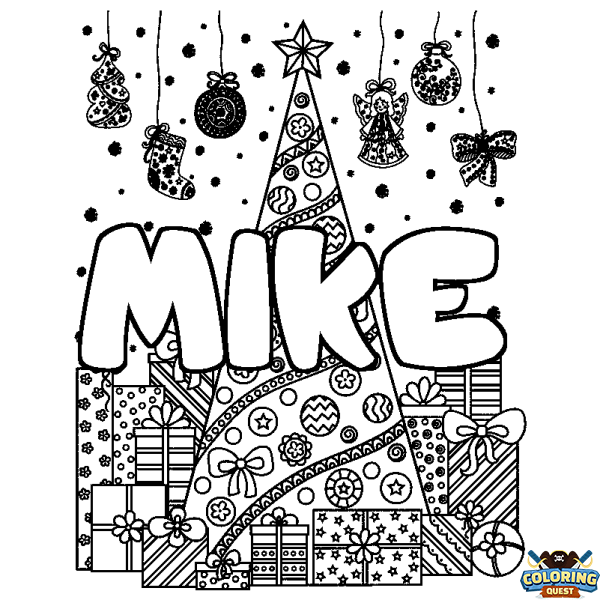 Coloring page first name MIKE - Christmas tree and presents background