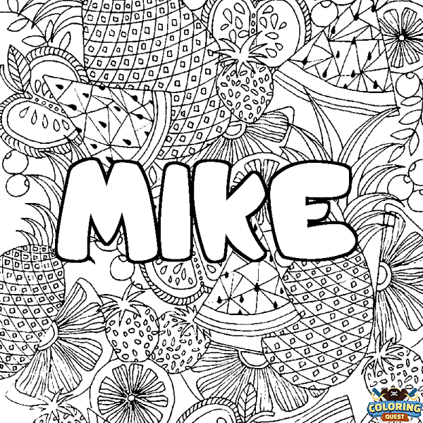 Coloring page first name MIKE - Fruits mandala background