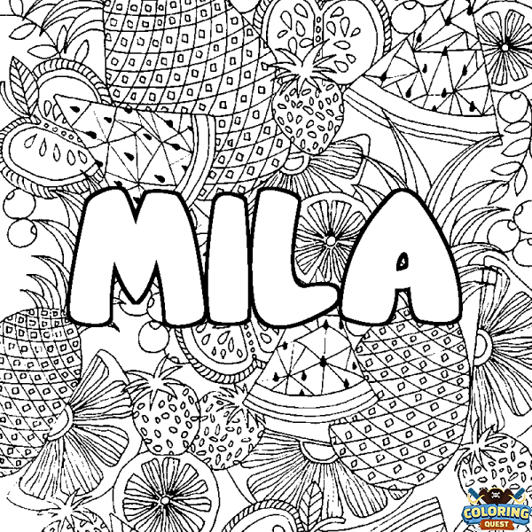 Coloring page first name MILA - Fruits mandala background