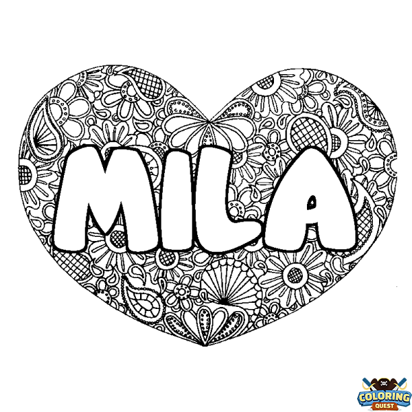 Coloring page first name MILA - Heart mandala background