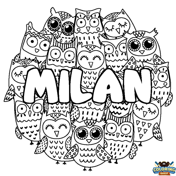 Coloring page first name MILAN - Owls background