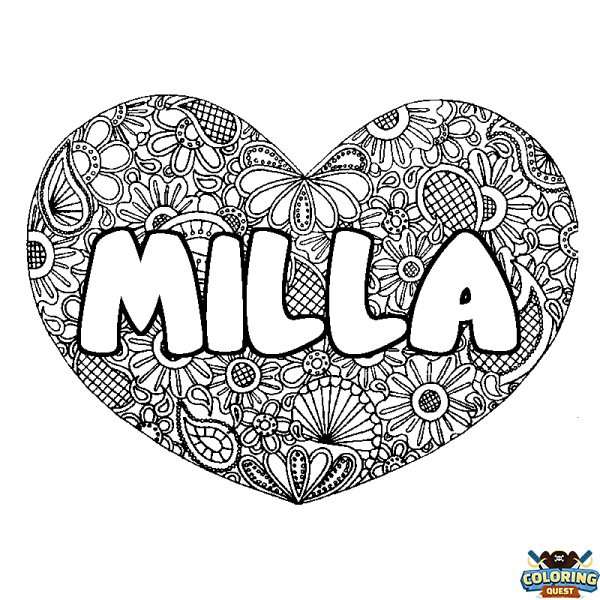 Coloring page first name MILLA - Heart mandala background