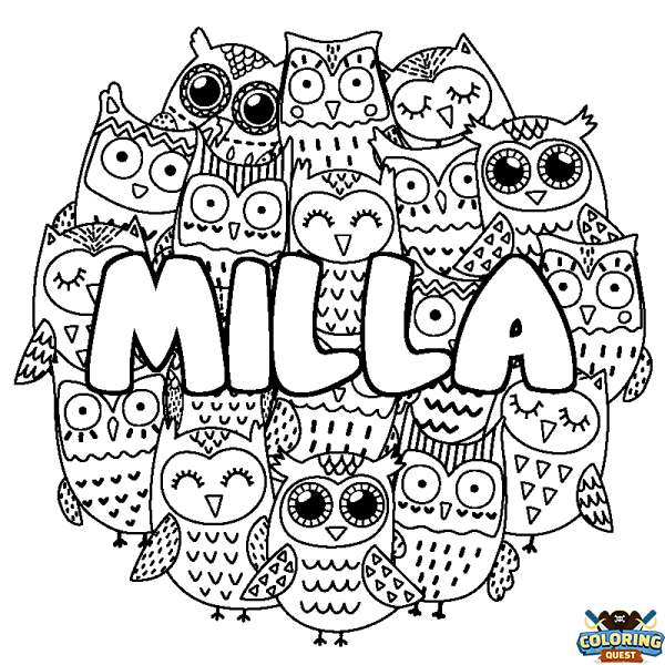 Coloring page first name MILLA - Owls background