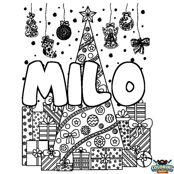 Coloring page first name MILO - Christmas tree and presents background