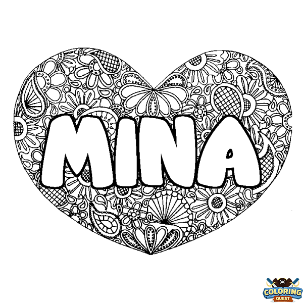 Coloring page first name MINA - Heart mandala background