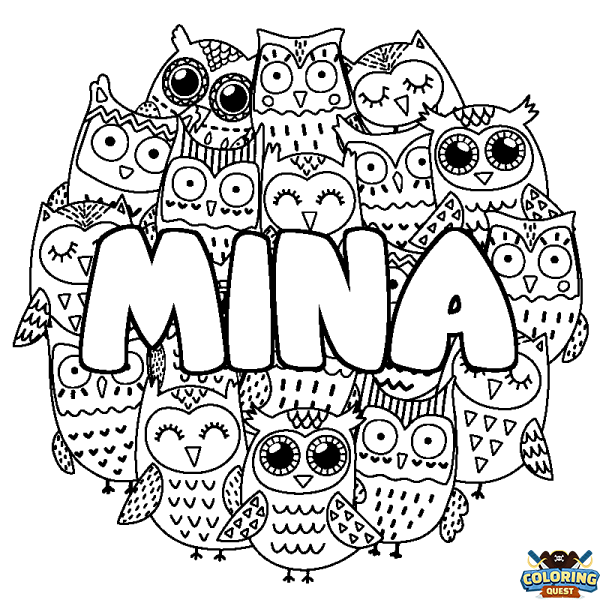 Coloring page first name MINA - Owls background