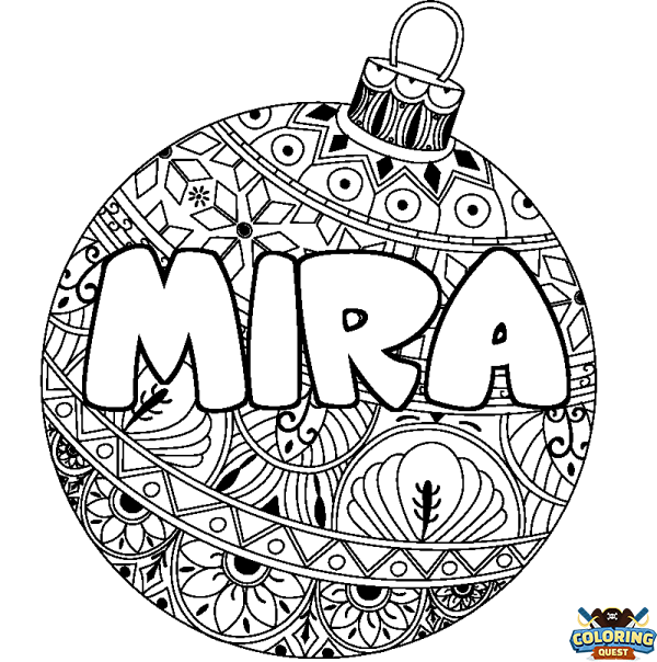 Coloring page first name MIRA - Christmas tree bulb background