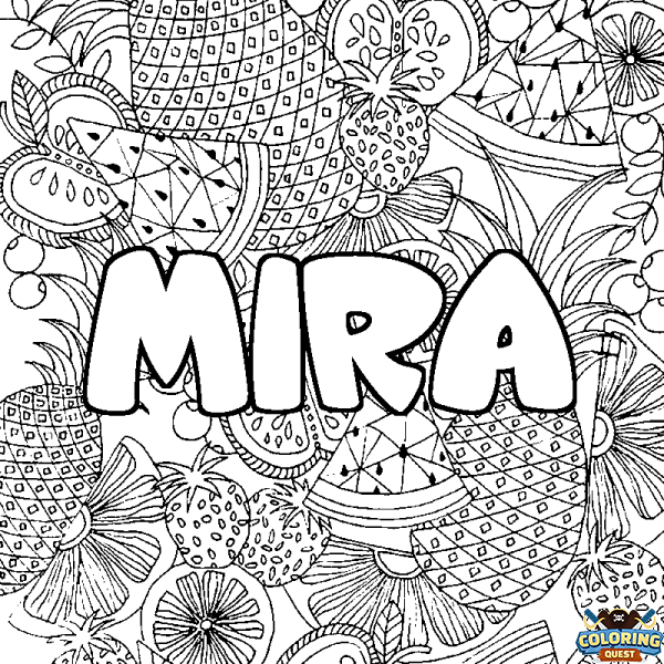 Coloring page first name MIRA - Fruits mandala background