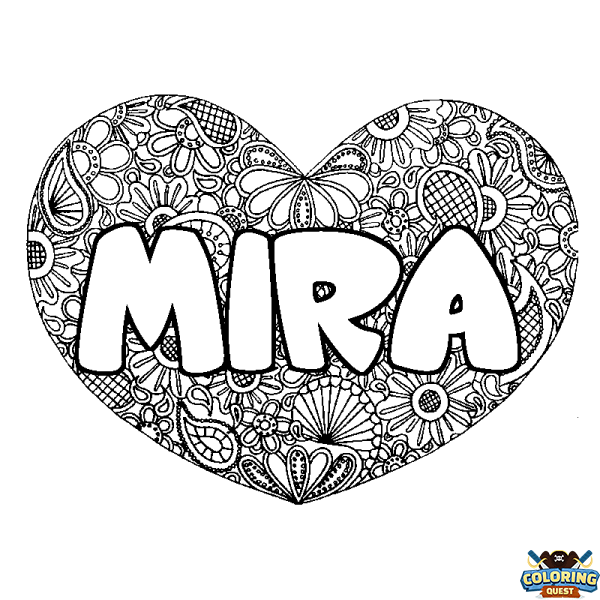 Coloring page first name MIRA - Heart mandala background