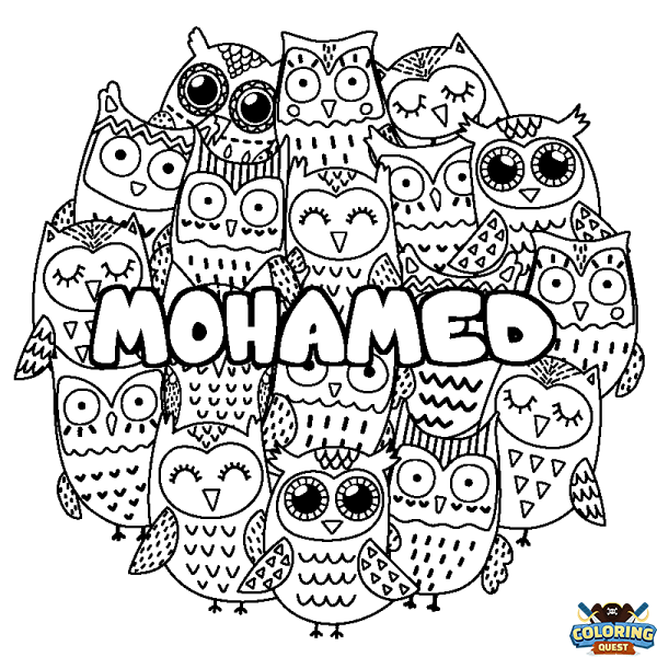 Coloring page first name MOHAMED - Owls background