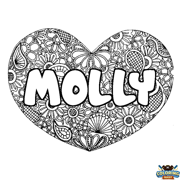 Coloring page first name MOLLY - Heart mandala background