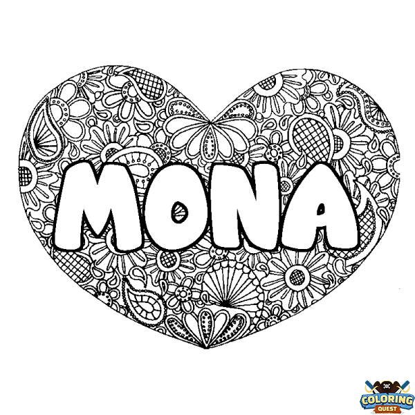 Coloring page first name MONA - Heart mandala background