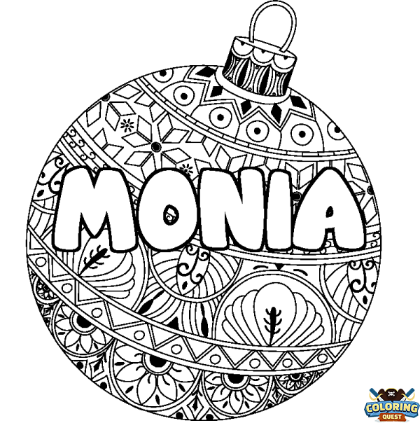 Coloring page first name MONIA - Christmas tree bulb background