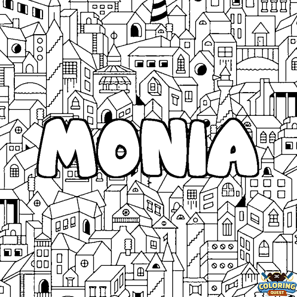 Coloring page first name MONIA - City background