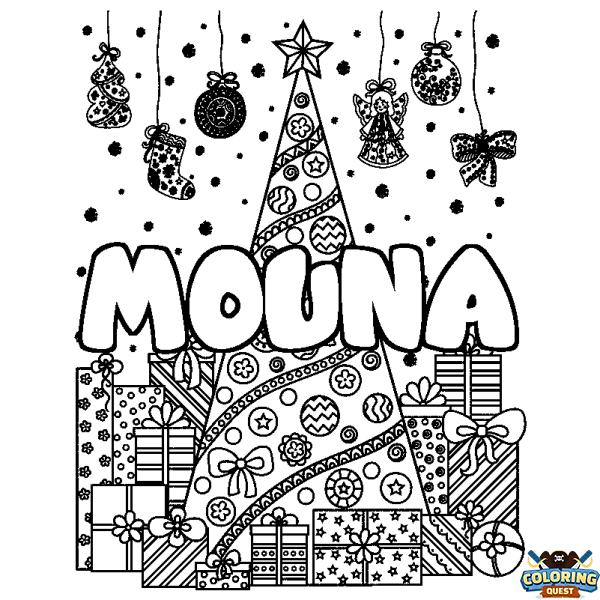 Coloring page first name MOUNA - Christmas tree and presents background