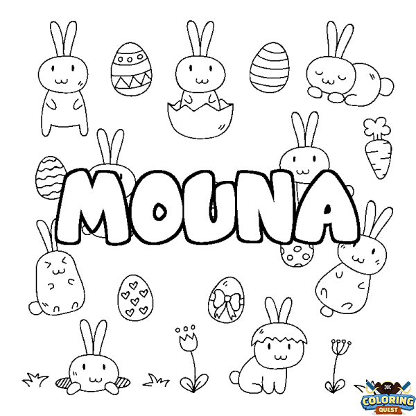 Coloring page first name MOUNA - Easter background