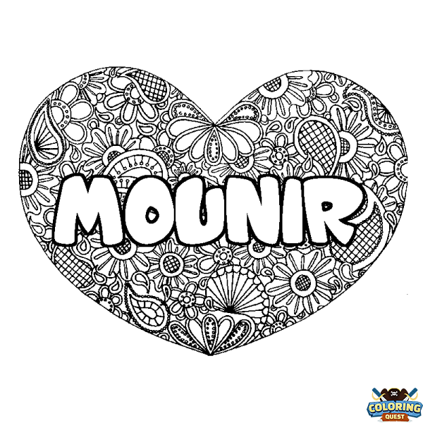 Coloring page first name MOUNIR - Heart mandala background