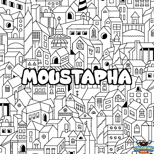 Coloring page first name MOUSTAPHA - City background