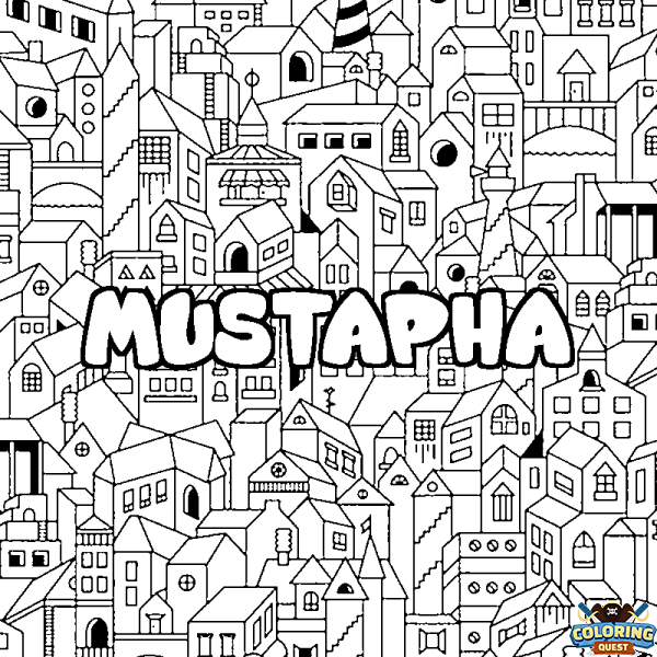 Coloring page first name MUSTAPHA - City background