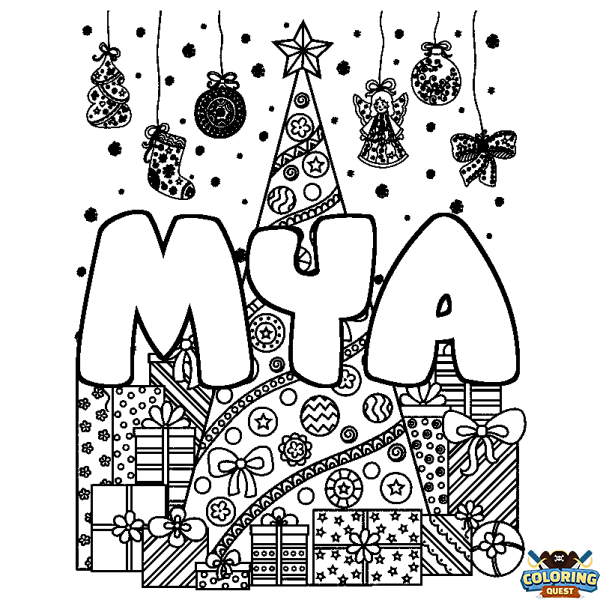 Coloring page first name MYA - Christmas tree and presents background