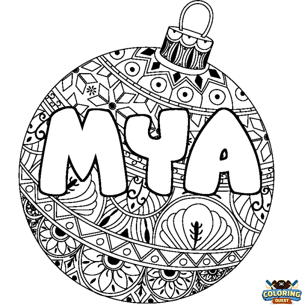 Coloring page first name MYA - Christmas tree bulb background