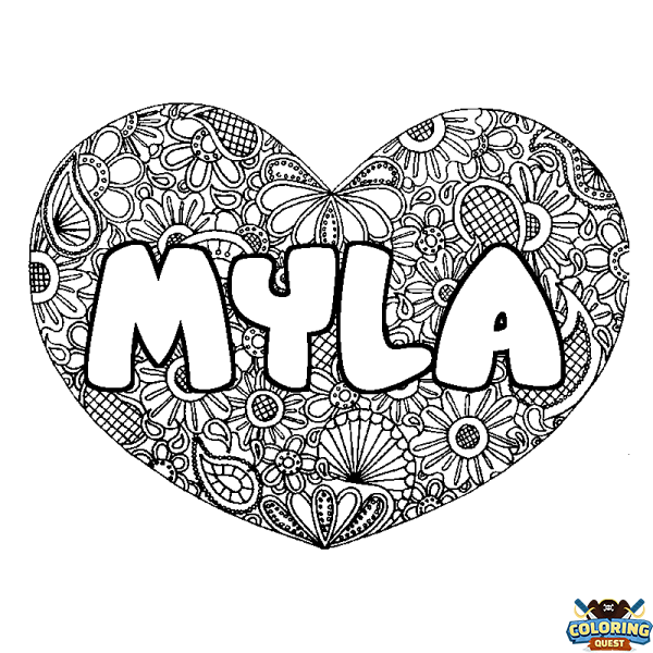 Coloring page first name MYLA - Heart mandala background